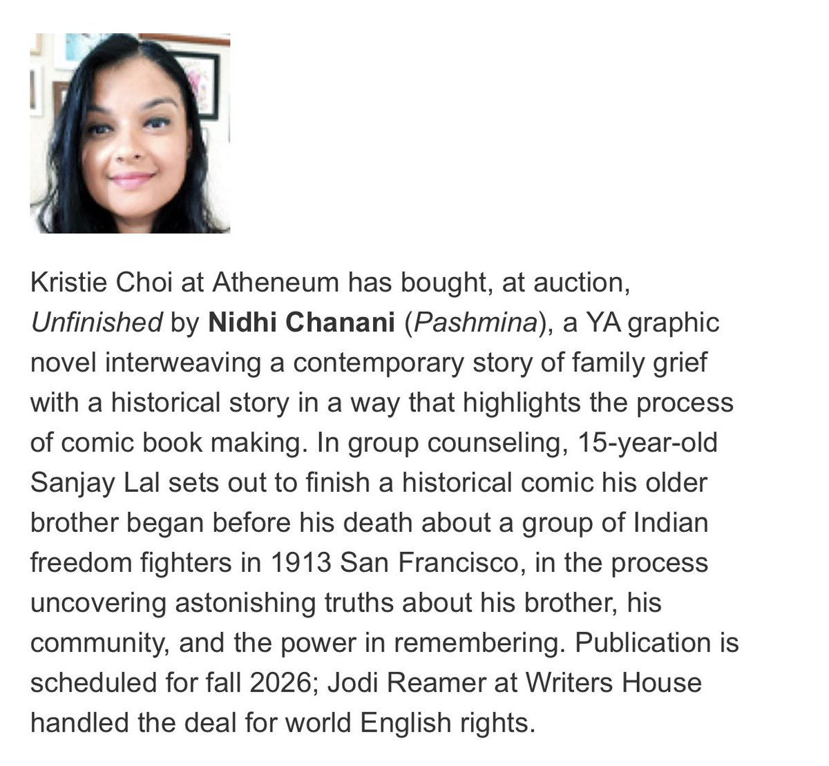 UNFINISHED is my most ambitious book yet. When I began writing in 2022 I didn't know where it would take me - how @jodiesque would push me to a story that envelopes loss, Indian American history and comics. When @minjipatterson acquired it, we pushed even more.