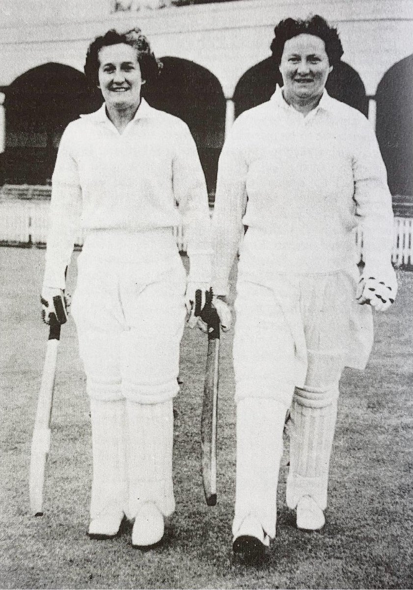 On the right is Joyce Clothier, an NZ opening bat and 'keeper who produced a 5.5 hour rearguard action in the 2nd Test against England in 1954 at Worcester - her partner here is Joan Hatcher, who wasn't playing so the pic is from a different game - anyone recognise the venue?