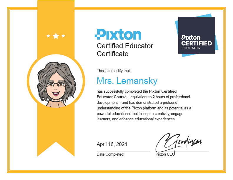 Finally took some time to complete the new @Pixton Certified Educator course. There have been so many 🤯 updates over the past year, this was a great way to feel like I have a handle on it all. Find the course button in the top right corner of your dashboard once you log in. 🚀