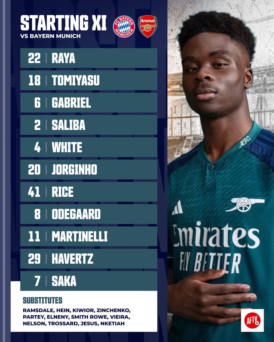 AFTVMedia's tweet photo. The Arsenal XI to take on Bayern Munich 💚

Happy with the team, Gooners? 🤔 https://t.co/T7VRymIXQZ