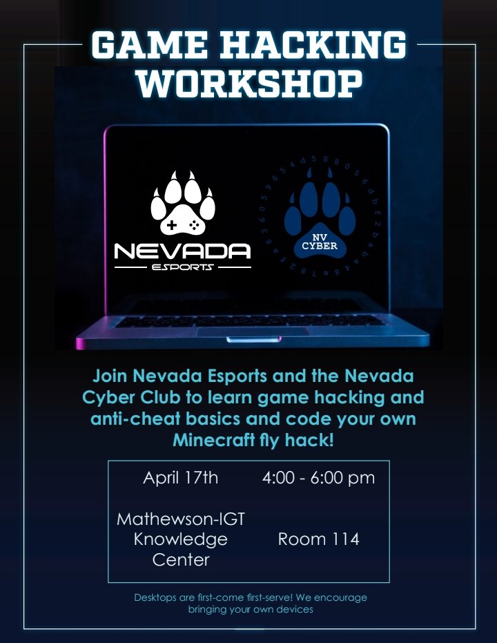 In collaboration with the Nevada Cyber Club, TODAY we will be having a game hacking workshop where you can learn some game hacking tips and tricks, anti-cheat basics, and even how to code your very own fly hack on Minecraft!! More information here: instagram.com/p/C53xX4mvsUr/…