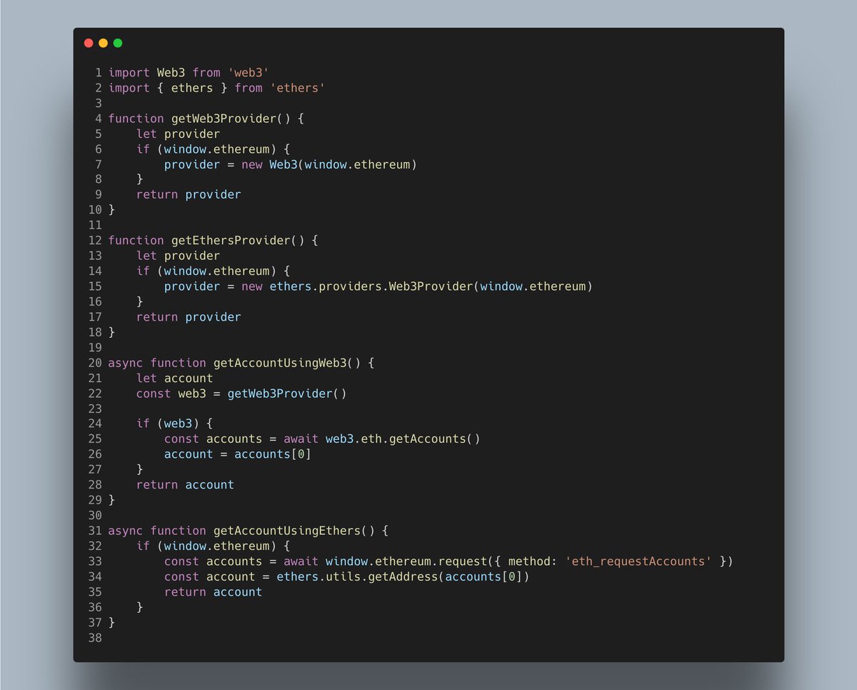 rauldorian_dev's tweet photo. Just comparing the two most popular js libraries for interacting with the #Ethereum blockchain: web3 and ethers - getting the account. https://t.co/cPKP6KOpBX