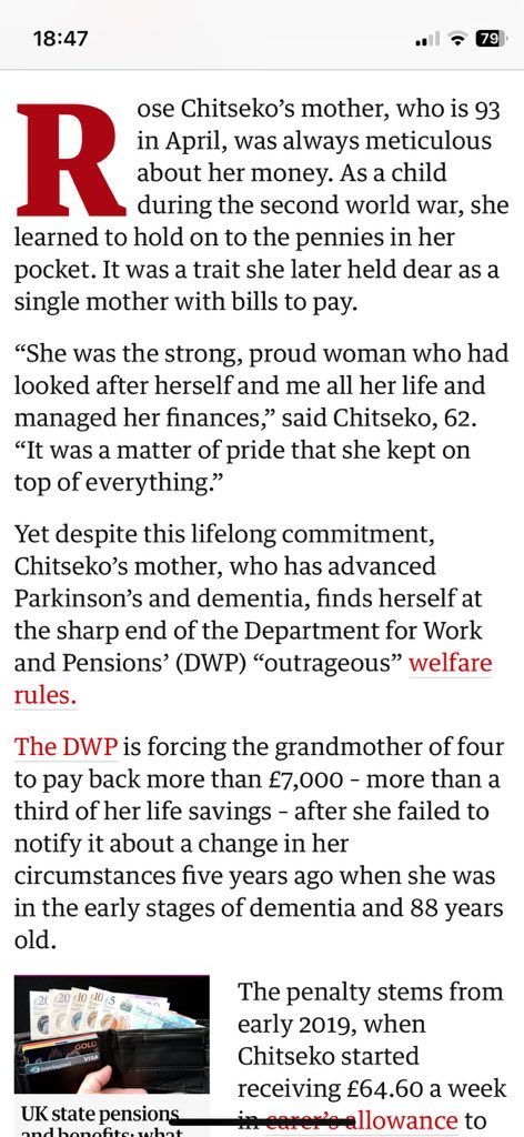 The DWP has ordered a 92-year-old woman with advanced Parkinson’s to repay more than £7,000 for a tiny benefits oversight five years ago - when she was in the early stages of dementia Full story: theguardian.com/society/2024/a…