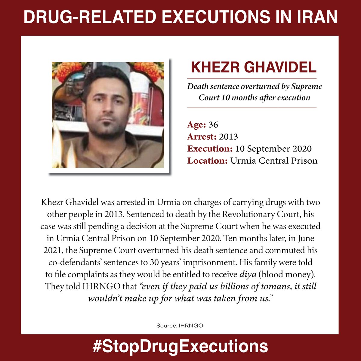 His name was #KhezrGhavidel, a 29-year-old man arrested in 2013 and sentenced to death for drug-related charges by the Revolutionary Court in a case with multiple defendants. Khezr was executed on 10th September 2020 while his case was still pending at the Supreme Court. 10