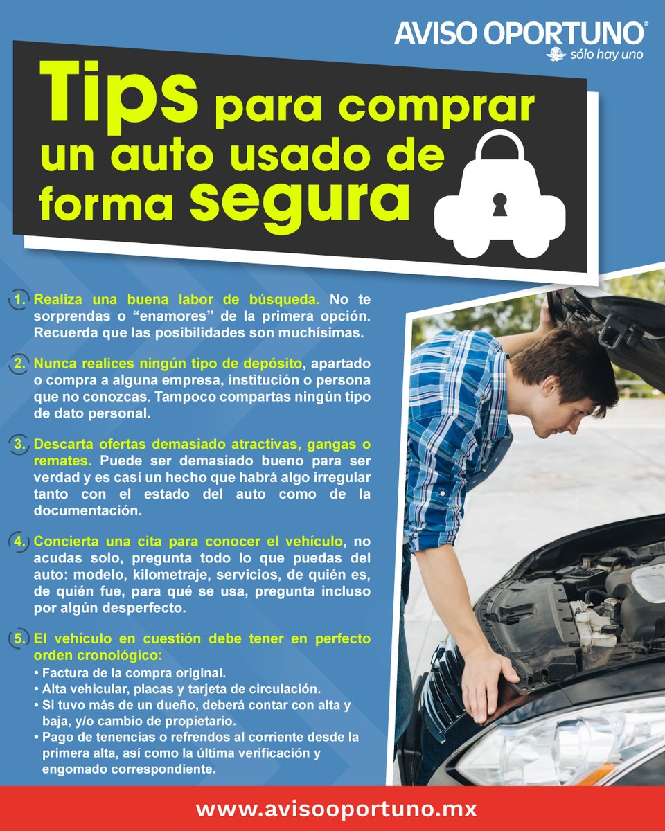 AvisoOportunoMX's tweet image. 👉¿Estás pensando en adquirir un vehículo usado? No sin antes tomar en cuenta los siguientes consejos, así que anótalos bien y no los pierdas de vista. 🧐📍
Los mejores vehículos están en 👉🚘avisooportuno.mx/vehiculos
#AvisoOportuno #autosusados #FelizMiercoles #tipsautomotriz