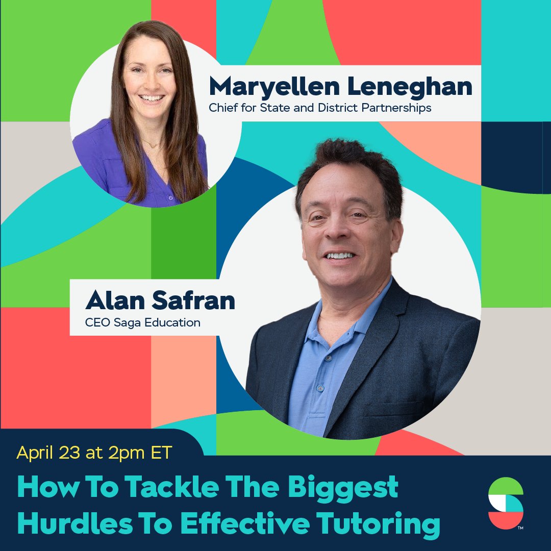 📚 Boosting student success through tutoring? Don't miss our Education Week webinar! 🗓️ April 23, 2024, 2:00 p.m. ET 🎙️ CEO Alan Safran & Chief Maryellen Leneghan Learn about: ➡️ Optimizing schedules ➡️ Finding skilled tutors ➡️ Post-ESSER funding bit.ly/EDWeek-Saga-We…