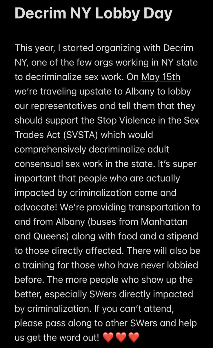 ServeValentine's tweet photo. 🚨 Fellow NY-based SWers! 🚨

Have you wanted to get involved in pushing for decrim but weren’t sure how? Well, on May 15th Decrim NY is hosting a lobby day in Albany where our voices will be heard! See more info below and sign up here:

https://t.co/OZdE4Xo50P

DM w questions! https://t.co/6jJzq10JrJ