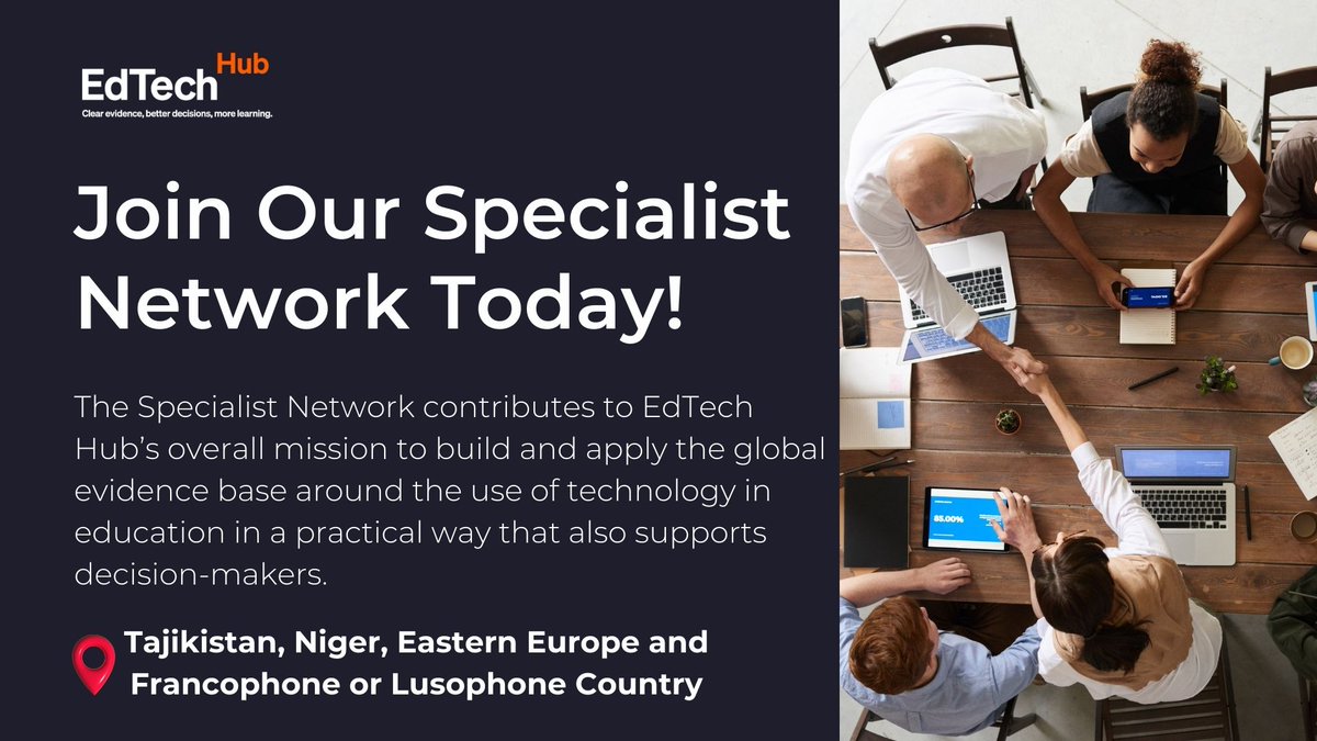 📢Join our Specialist Network! EdTech Hub is seeking specialists in Tajikistan, Niger, Moldova & speakers of Spanish, French & Portuguese from a Francophone or Lusophone country to join our dynamic Specialist Network! Apply - edtechhub.org/jobs/