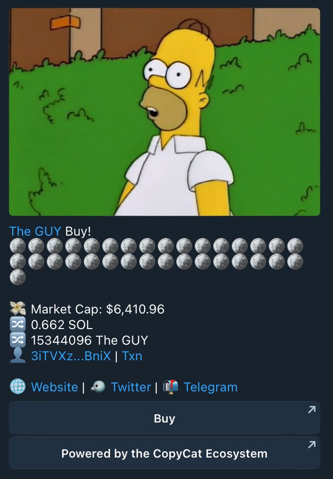 CopyCatSolana's tweet image. DEVs have again been working with no sleep. We have fully built one of the first pump.fun buybots. 

Which is able to send buy notifications whilst the coin is on  (D.BUYBOT can't do). 

It allows coin owners to input their own banner images…