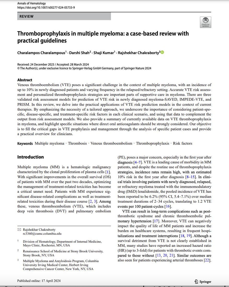 An excellent review article with insightful case-based management on how to approach thromboprophylaxis in myeloma! @rajshekharucms link.springer.com/article/10.100… Non paywalled link: drive.google.com/file/d/1ri2LYm… #MMSM
