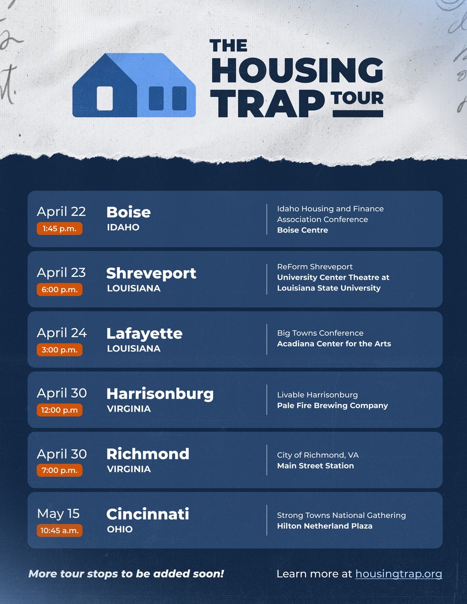 The first book tour stops are on the map!

Strong Towns is touring the country, the continent, and the globe to share impactful, pragmatic, bottom-up solutions to the Housing Crisis. 

Want The Housing Trap Tour to come to your town?