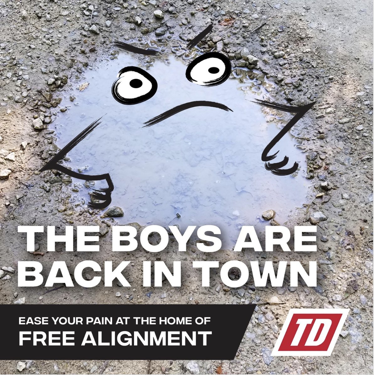 TireDiscounters's tweet photo. It's that time of the year again, where driving to work feels like a game...dodging potholes left and right. Sometimes potholes are unavoidable, so we feel your pain. WHEN you hit a pothole this season, stop into Tire Discounters for a much-needed alignment. #TireDiscounters https://t.co/yg3mSsQCUp