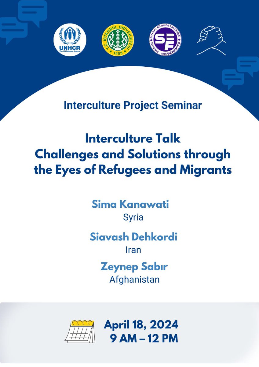 Interculture Module Development projesi kapsamında 18 Nisan 2024 Perşembe günü 09.00-12.00 saatleri arasında fakültemiz Ali Ülkü Azrak Amfisinde “Interculture Talk: Challenges and Solutions Through the Eyes of Refugees and Migrants” başlıklı bir seminer gerçekleştirilecektir.