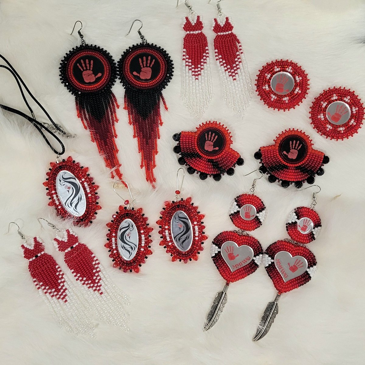 Here is the full MMIW collection! It is available now on my website. 20% of all purchases will be donated to the Native Women's Association of Canada ❤️ celdzinbeadwork.com