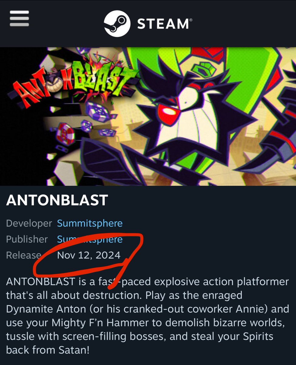 Summitsphere's tweet photo. We got screwed by the character limit here, but to be clear: ANTONBLAST is releasing on both Nintendo Switch and Steam on November 12th! “Timed console exclusive” does not include PC platforms. https://t.co/Q87Mj9DGzc