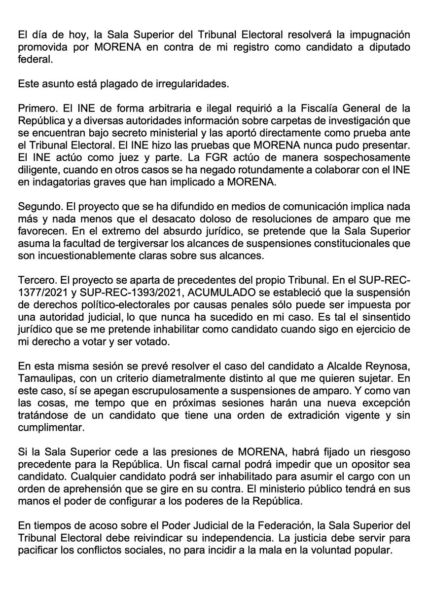 Morena pretende descarrilar mi candidatura porque he evidenciando su corrupción y sus pactos criminales.
