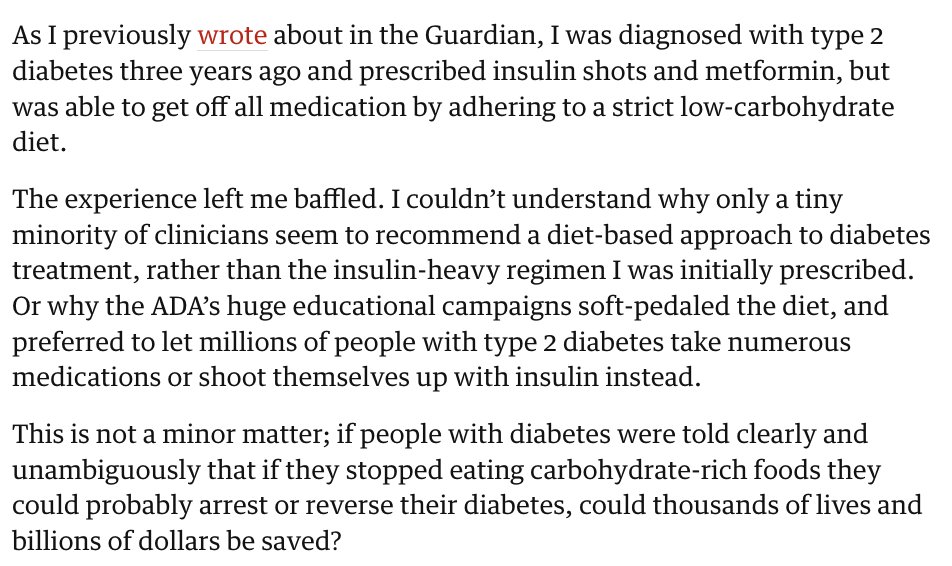 'To put it bluntly, we are losing the war on diabetes. And unlike many other diseases – such as certain cancers, Alzheimer’s, kidney disease, or Crohn’s – type 2 diabetes is reversible.' -- Another must-read on diabetes by @nsbarsky: