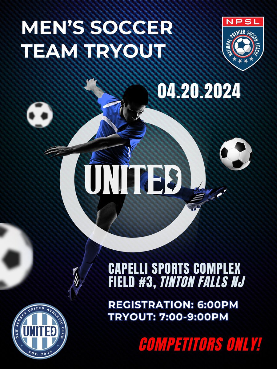 Our last tryout for the Summer 2024 season is this Saturday! Hope to see you at Capelli Sports Complex.

And remember: COMPETITORS ONLY!

#soccer #footballplayer #soccergear #soccerteam #nationalteam #SportsNews #newjersey #newjerseysown