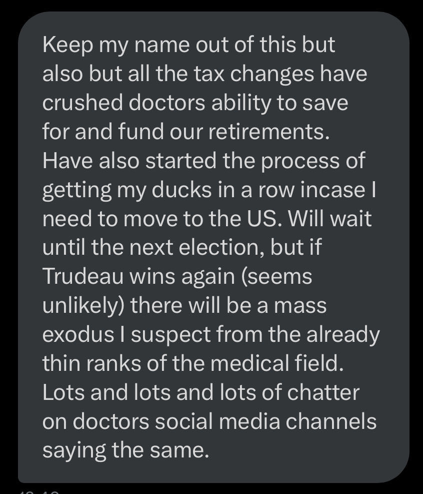 From a GTA family doctor: 'all the tax changes have crushed doctors ability to save for and fund our retirements'. #Budget2024's tax increase is an attack on working Canadians who helped to build, heal, and grow our country: -- Tradespeople -- Doctors -- Entrepreneurs