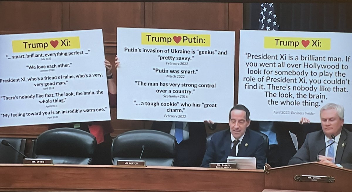 Jamie Raskin throwing up Trump’s words praising Xi and Putin was fantastic. Comer Pyle has been utterly humiliated in his hearing today. 🔥🔥🔥🔥🔥🔥🔥🔥🔥🔥