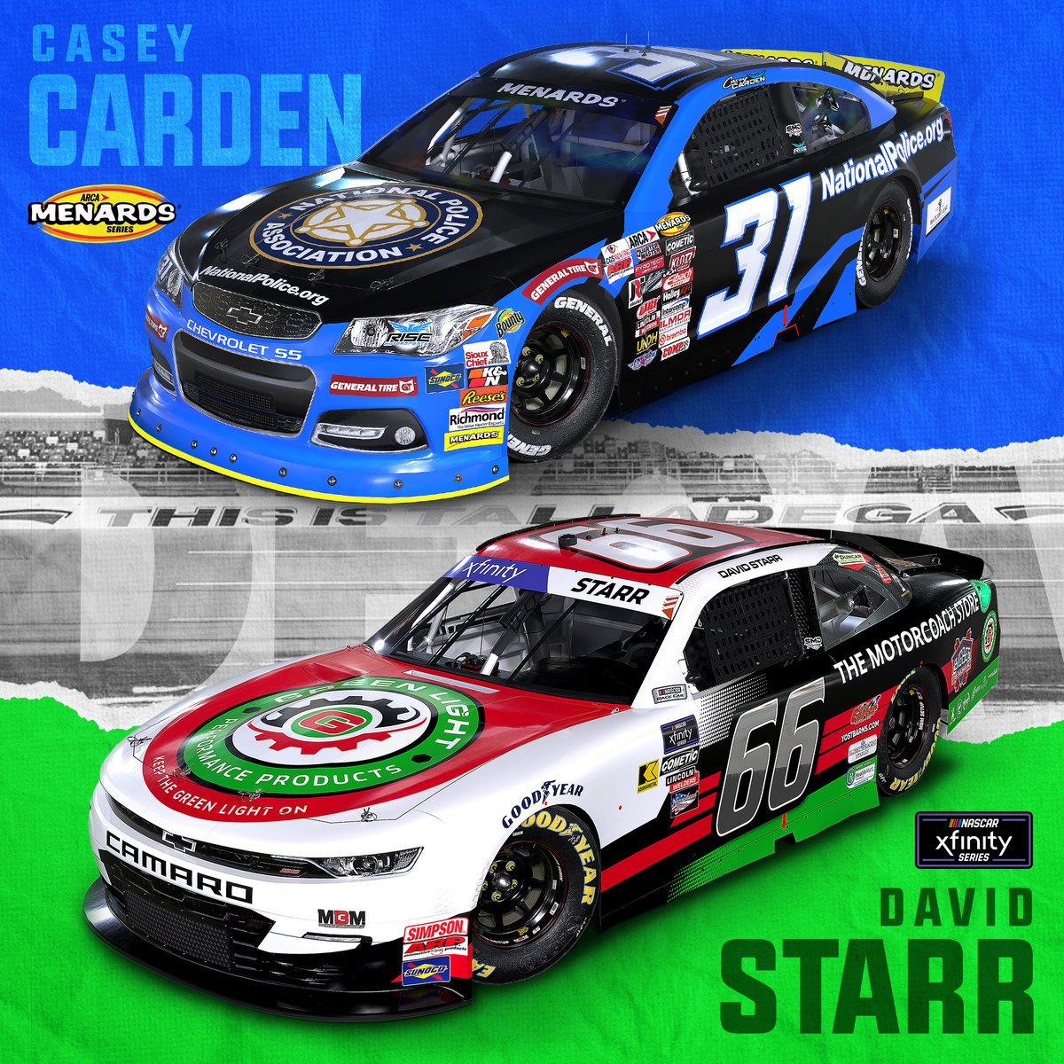 It's race weekend @TALLADEGA ! Check out the SMD paint schemes heading to Alabama. 🏁 @ARCA_Racing #31 Casey Carden - @NatPoliceAssoc - @risemotorsports @NASCAR_Xfinity #66 @starr_racing - @GenerxGenerator - @MBMMotorsports #NASCAR #PaintSchemeDesign #DegaBaby