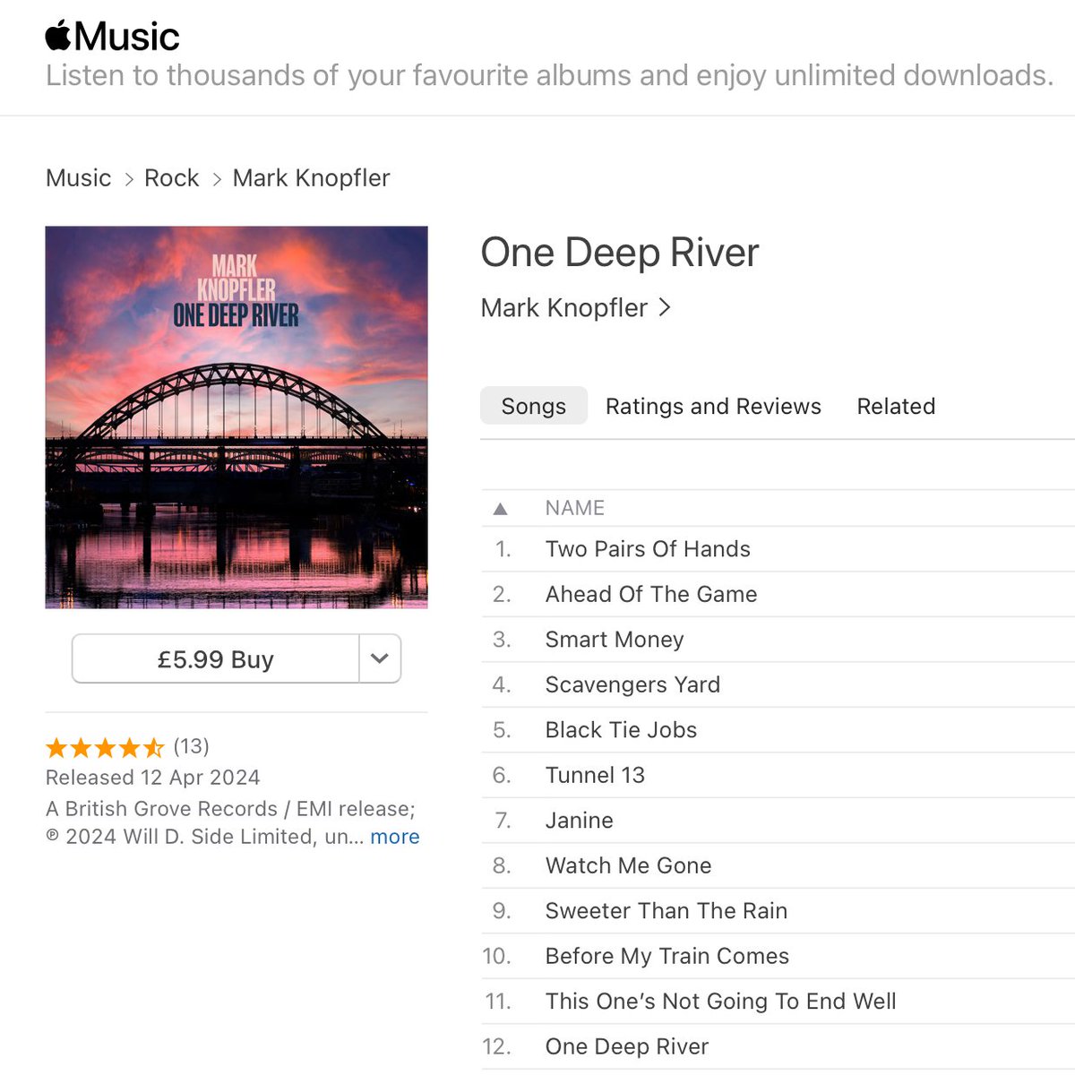 UK Fans: For 24 hours only One Deep River is now available to download on iTunes for £5.99. If you haven't ordered a digital copy or simply wish to support the record, head to iTunes now: markknopfler.lnk.to/itunes