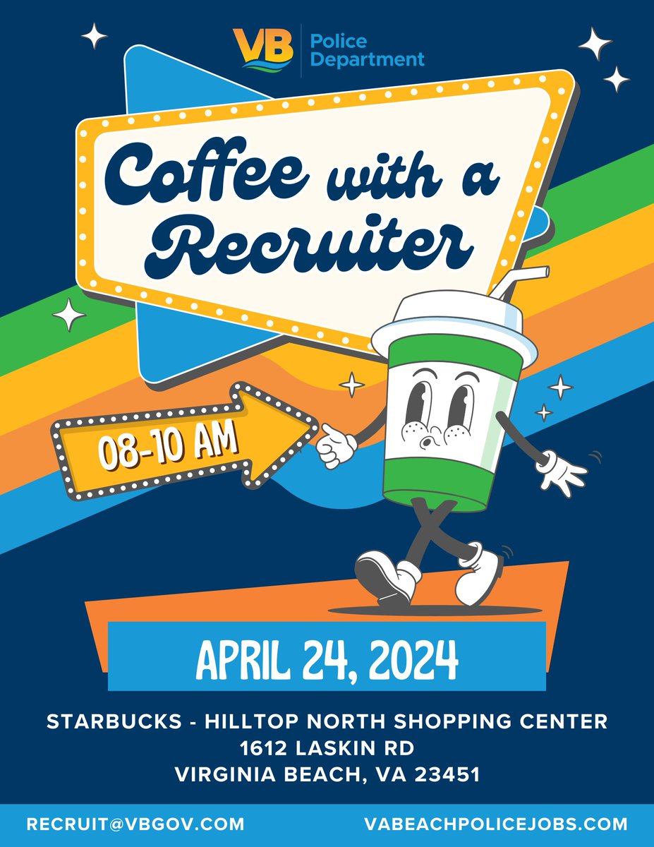 Join team #VBPD for Coffee with a #Recruiter, next Wednesday, April 24th, 8 to 10 AM at the Hilltop North Starbucks (1612 Laskin Rd)!

Questions? Email: recruit@vbgov.com 
police.virginiabeach.gov/careers
vabeachpolicejobs.com

#CoffeewithaCop #VirginiaBeach #Virginia #HamptonRoads