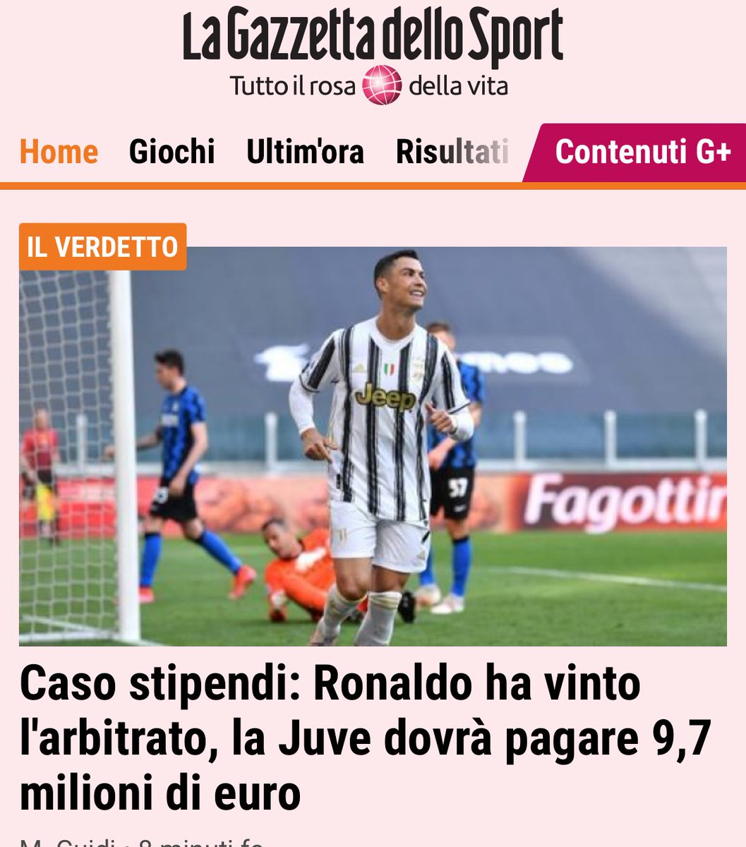 Patetici #Gazzettadellosport prima titolate, senza nemmeno leggere la sentenza, che Ronaldo ha vinto la juve dovrà pagare 19,5 mln di € poi vi fanno notare che avete scritto una cagata ma pur di nn fare na figuraccia tenete “Ronaldo ha vinto”…siete ridicoli patetici il peggio🤮