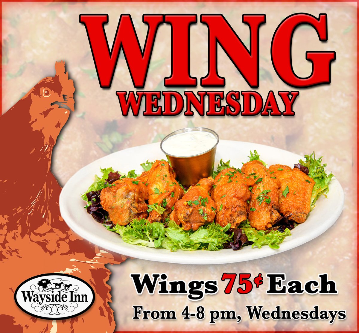 WAYSIDE WING WEDNESDAYS!
Have a Wing thing? We love Wings, too! 
Mouthwatering wings for just 75¢ each.
Wednesday 4 – 8 pm
#WingWednesdays #WingLovers #FlavorExplosion #ilovewings #bestwings #waysidewings #winchesterva #middletownfood #vafoodies #wings #HotWings #Virginiadining