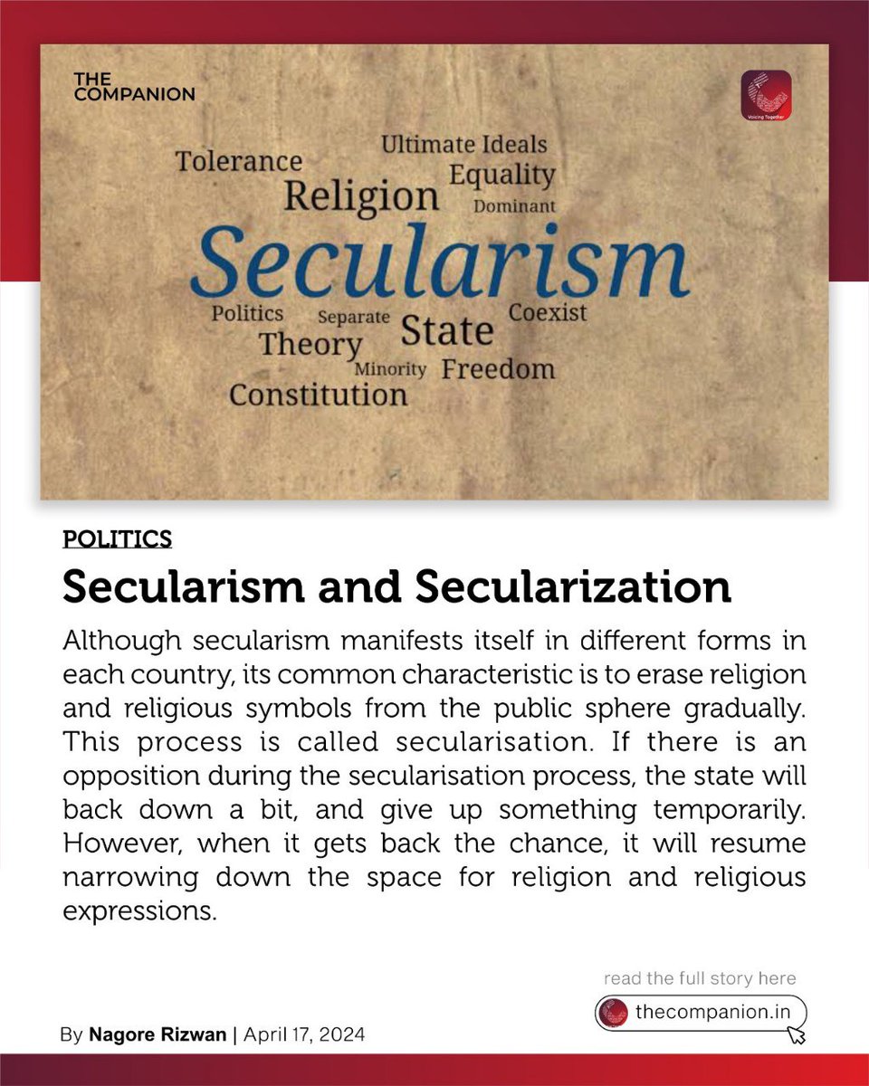 thecompanionn's tweet photo. Secularism and Secularisation  

By @rizwannagore
April 17, 2024  

Read here:  https://t.co/8CAiDFFaUE 

Send your pieces to editor@thecompanion.in  

#secularism #secularisation #liberalism #coloniability #TheCompanion https://t.co/MflJQ76w03