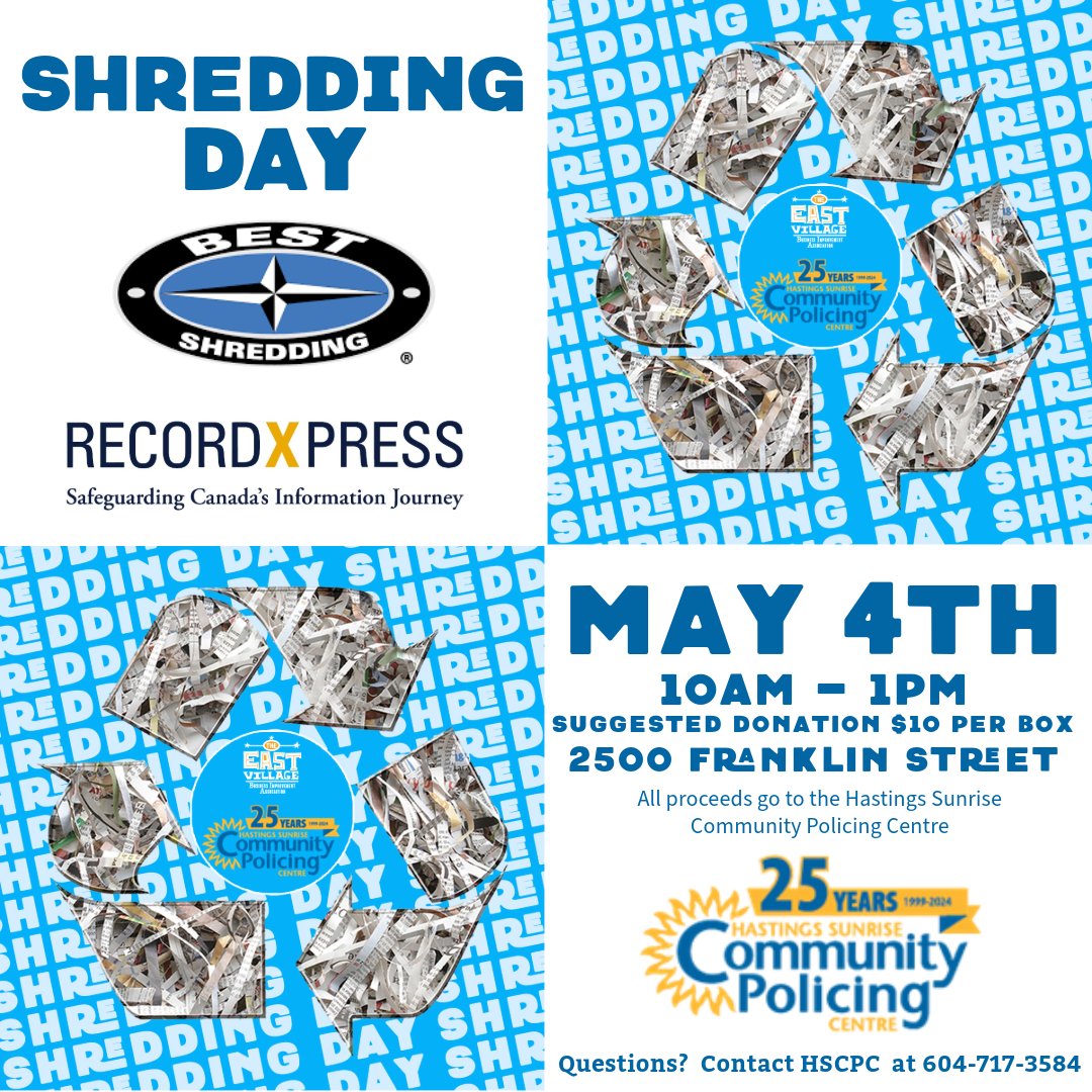 Our annual Shredding fundraiser, in collaboration with @eastvillagevan is taking place on Saturday, May 4 from 10 AM to 1PM at 2500 Franklin Street. If you have any personal documents that you need to dispose of, this is the place to be! Suggested donation is $10 per box. #hscpc