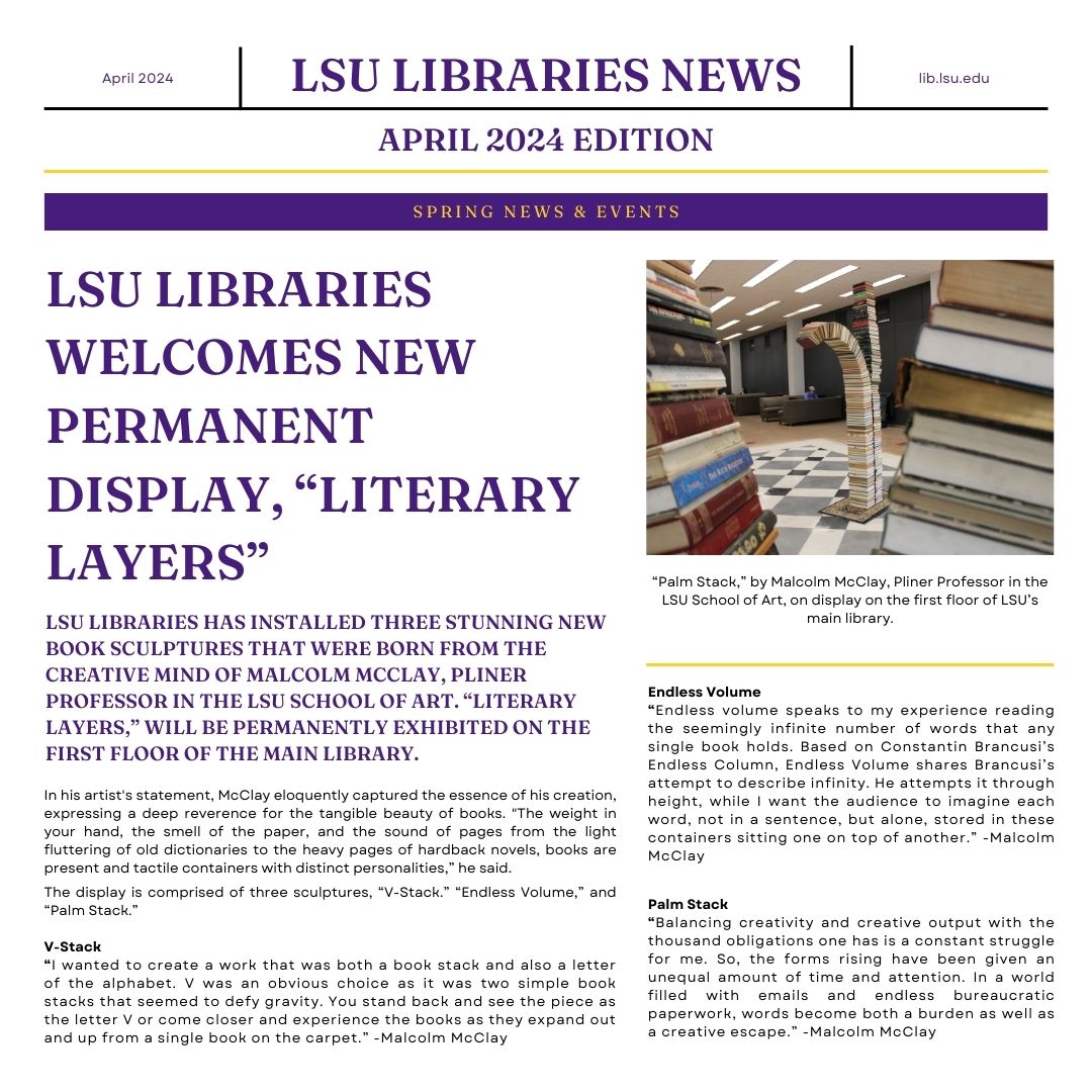 Our April e-newsletter is out now! Learn about multiple spring exhibits & displays in #LSU library & Hill Memorial Library as well as Libraries initiatives designed to enhance faculty instruction, develop learning opportunities, & foster academic success: conta.cc/3U9gxUE