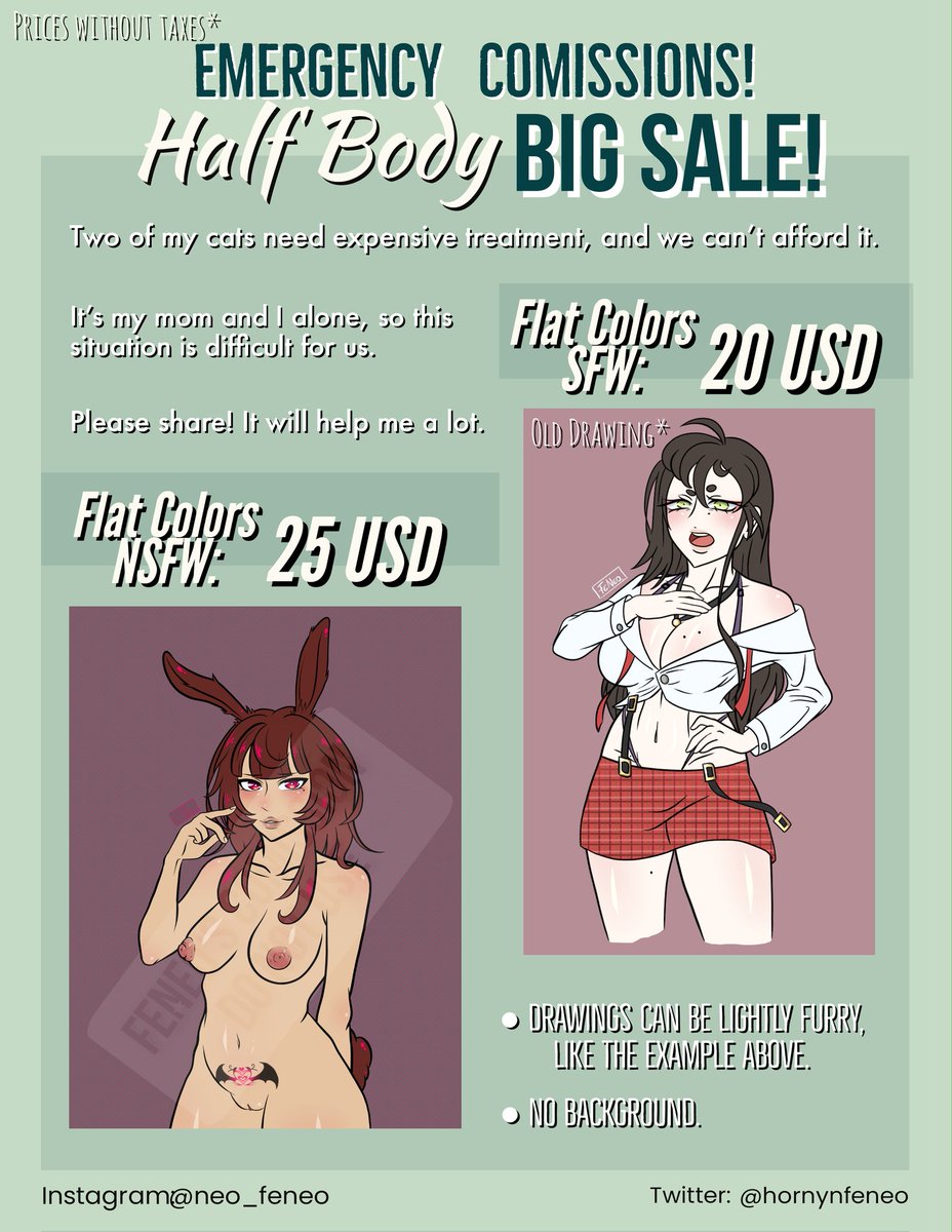 hornynfeneo's tweet photo. EMERGENCY COMMISSIONS‼️BIG SALE‼️
Two of my three cats need expensive treatment, and my mom can't afford it by herself. We are the two of us all alone, and I can't work for now.
Please, if you can at least share, it will help us a lot! Tysm, I love you all! ❤️‍🩹 https://t.co/MqQngQD2Ls