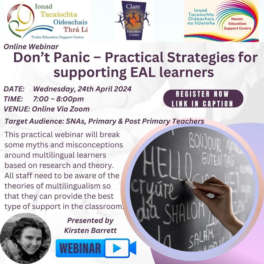 Don’t Panic – Practical Strategies for supporting EAL learners DATE: Wednesday, 24th April 2024 TIME: 7.00 pm to 8.00 pm VENUE: Online Via Zoom Target Audience: Primary, Post Primary Teachers & Special Needs Assistants Register here: zoom.us/webinar/regist…