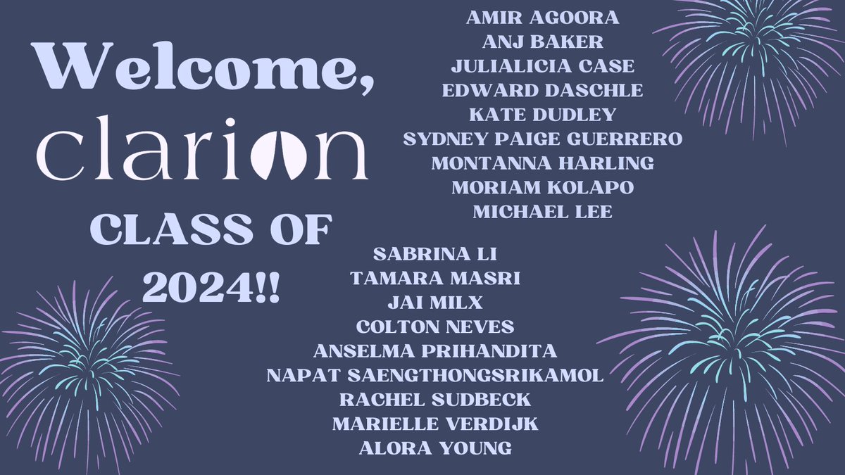 We are *beyond* thrilled to announce the roster of incredibly talented writers who will be joining us this summer for the 2024 Clarion Science Fiction and Fantasy Writers' Workshop!! Congratulations to you all, and we can't wait to see you here in San Diego!