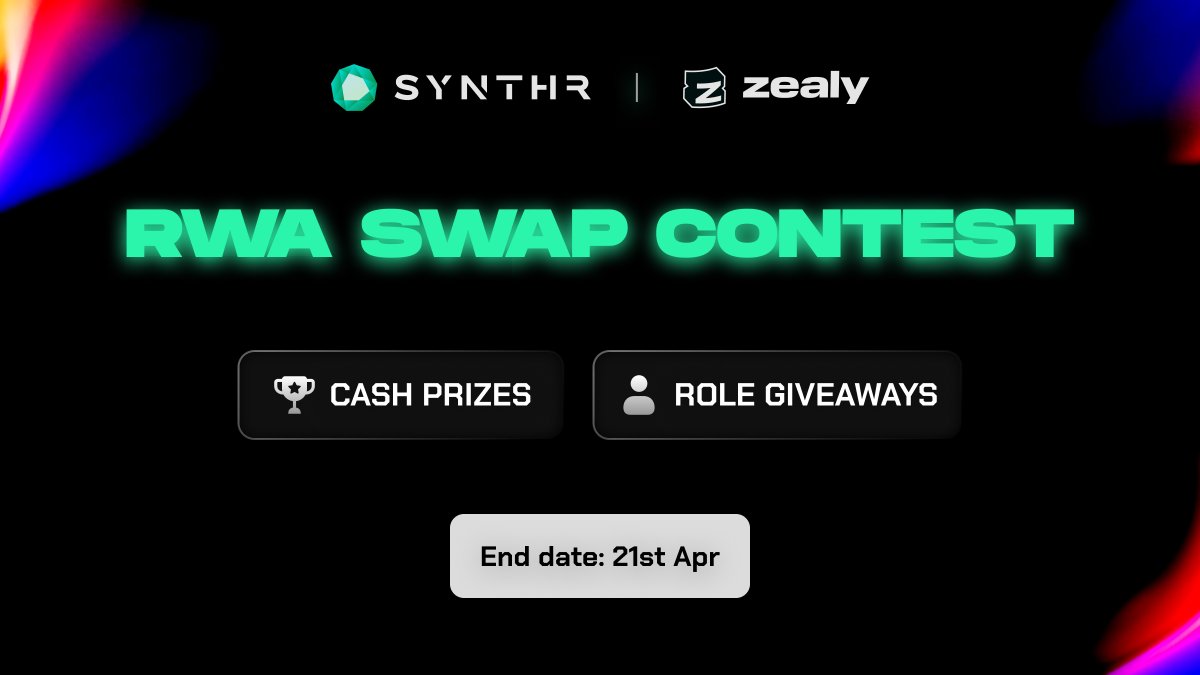 synthr_io's tweet image. 🔥 Get in on the #RWA action with swaps on SYNTHR Testnet! 🚀
🎁 Win:
💰 150 USDT
👑 1 OG role
⭐️ 15 EA Roles
📸 Share your RWA swap moment on Zealy!
💪 Boost your chances by swapping more.
Let's goo! #ZealyQuest #DeFi