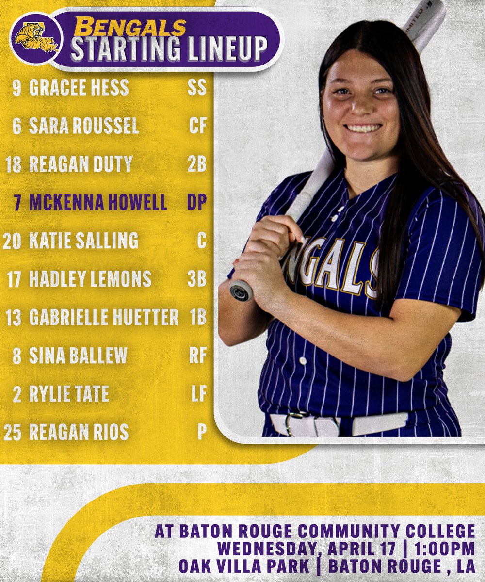 Ready to GEAUX! LSU Eunice is in Baton Rouge today for a matinee doubleheader against BRCC. Here's our starting lineup for the 1:00PM first pitch, watch on BRCC's GC feed. #DSRO #GeauxBengals web.gc.com/teams/0XfCDncv…