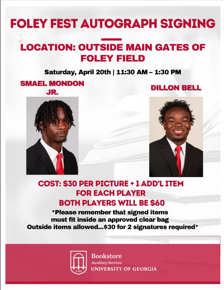 Our next signing is this Saturday! Featuring Smael Mondon Jr. and Dillon Bell!
#ugabookstore #ugafootball #smaelmondonjr #dillonbell #autographs #signing #godawgs🏈