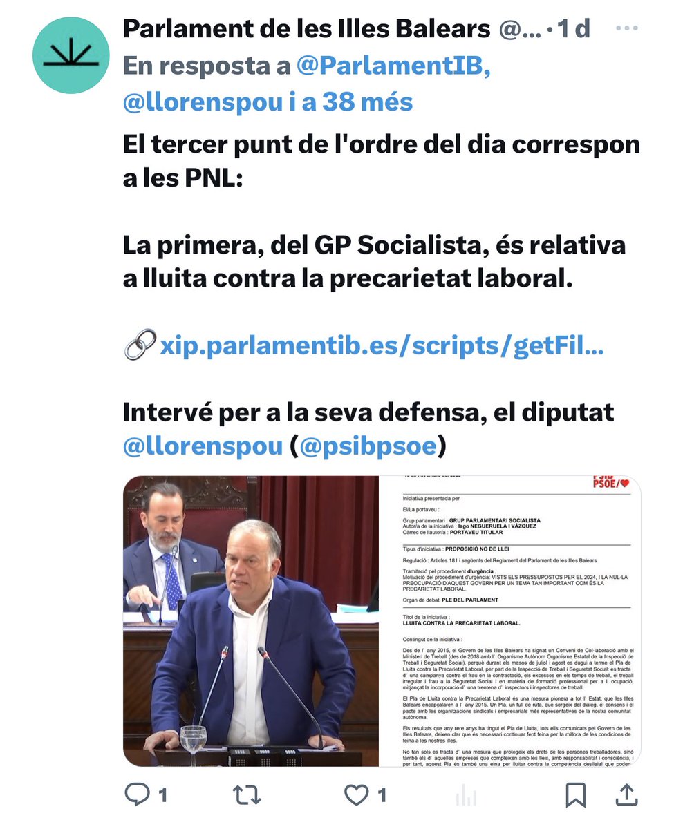 Ahir @psibpsoe vam presentar una proposició no de llei per reclamar el restabliment del Pla de Lluita contra la precarietat laboral i defensar el diàleg social com a forma d’arribar a acords consensuats entre Govern, sindicats i patronals.Spoiler: el PP s’hi va oposar.Obro fil 👇