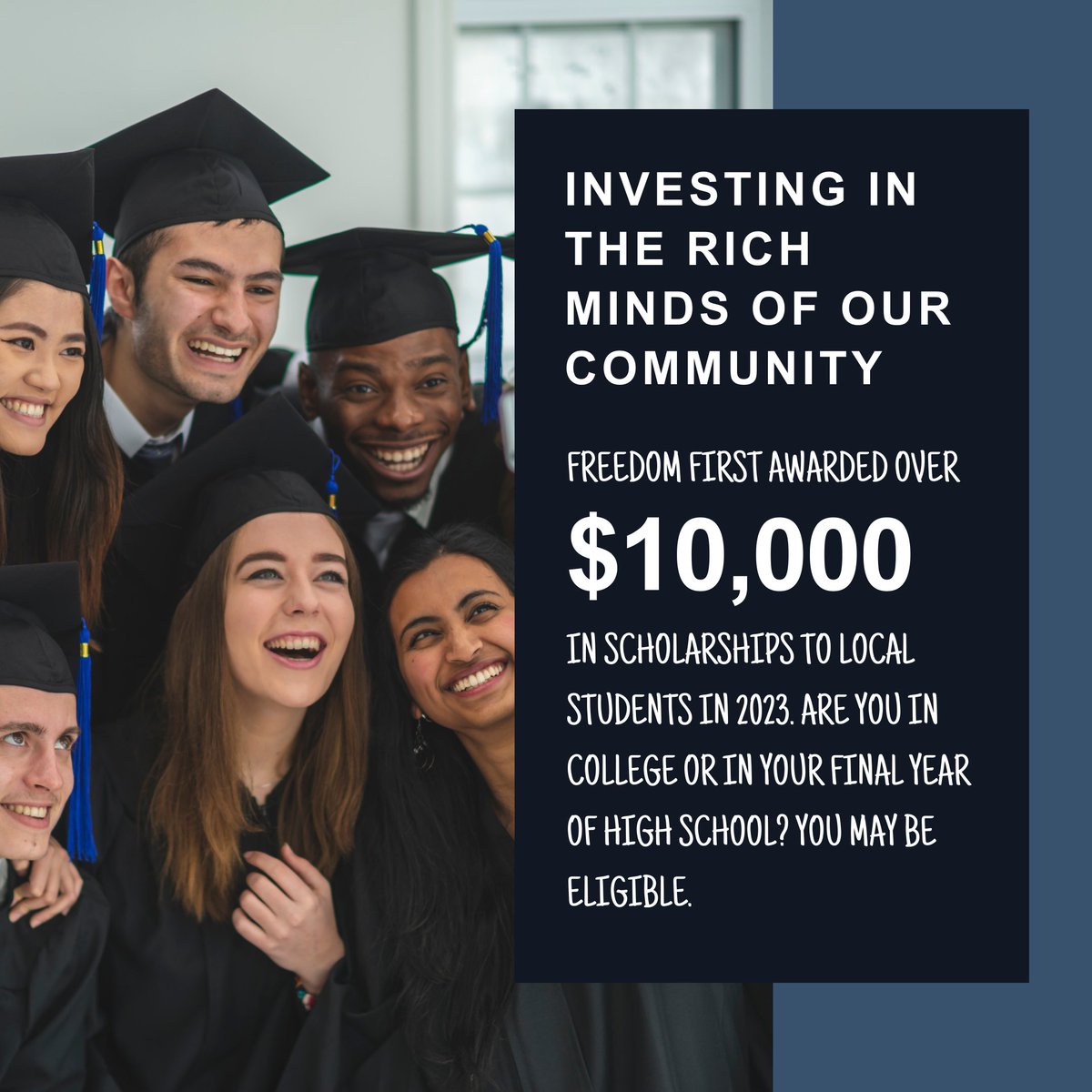 Did you know that Freedom First Credit Union awards over $10,000 in academic scholarships every year? We are now accepting applications for the 2024 Academic Scholarships. Download the application today and submit by May 3rd to education@freedomfirst.com. hubs.la/Q02t0QJp0