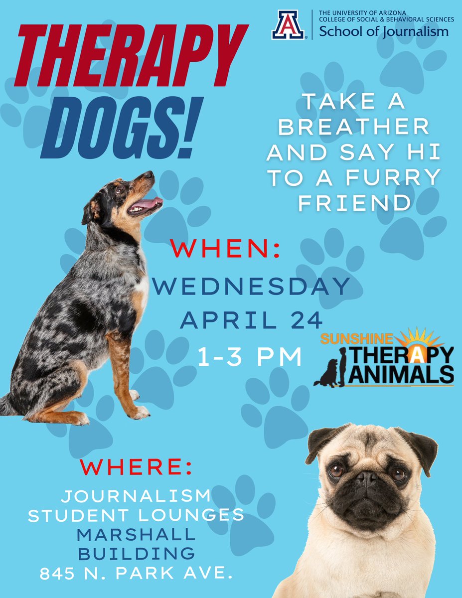Come destress April 24 with some four-legged friends from the Sunshine Therapy Animal Program. All students welcome! 📍 3rd floor of Marshall Bldg. 🕓: 1 - 3 p.m.