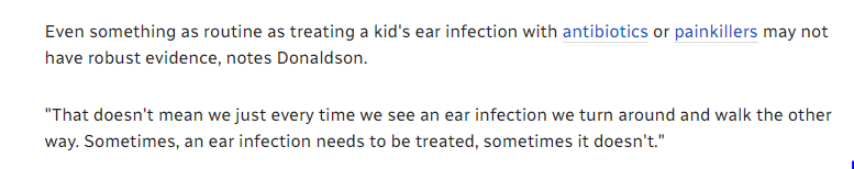 1/ The dismal CBC news report on the Cass review is dangerously misleading on evidence based medicine. It quotes Calgary family physician Jake Donaldson as saying this about the evidence base on ear infections.