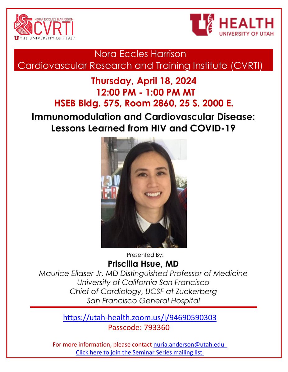 Join us tomorrow for our seminar with Priscilla Hsue, MD! 📢 Dr. Hsue is speaking on the topic of Immunomodulation and #CardiovascularDisease. We hope to see you there! #hearthealth #cardiovascularresearch #cardiovascularhealth #heartdisease #utah #seminar