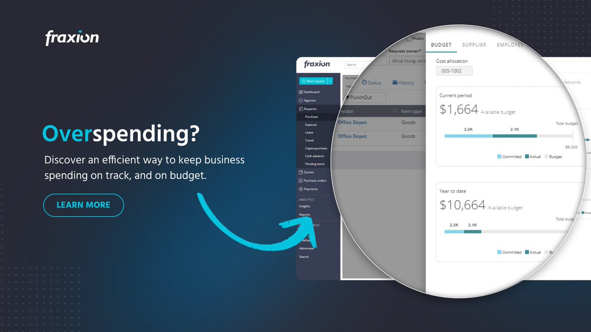 FraxionSoftware's tweet image. Overspending? 💸Discover an easy way to manage operational costs and stay on budget. Empower your team to spend responsibly, wherever they are, with Fraxion. Find out more -> hubs.li/Q02tcZz20
#Fraxion #BudgetVisibility #SpendManagementSoftware #Efficiency #CostSavings