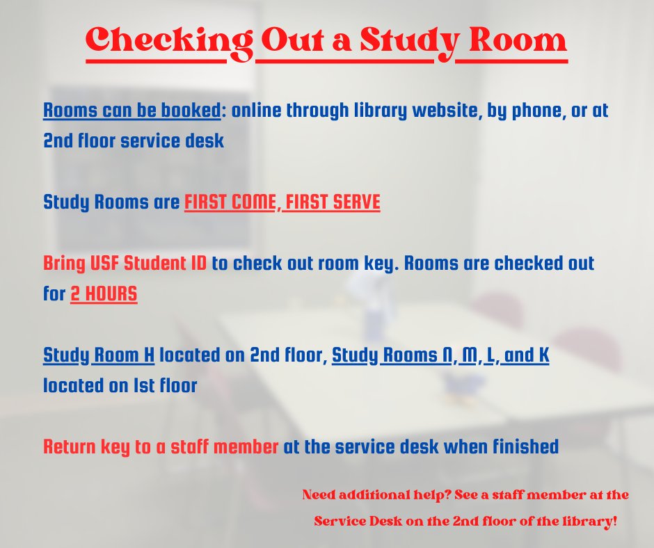 Finals are approaching and study rooms are in high demand. Make sure to book your 2 hour time slot early online, calling the Service Desk, or seeing a staff member in person! Study rooms are reserved for TWO HOURS ONLY PER GROUP!
 #vannlibrary #studyrooms #finals @USFFW