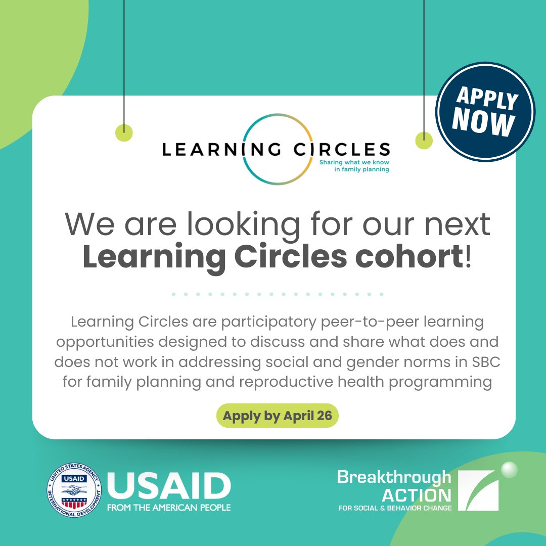 🌍 We invite you to apply today to be considered for Breakthrough ACTION Learning Circles, which focus on addressing social and gender norms in SBC for family planning/reproductive health programming in East and Southern Africa. Apply by April 26! bit.ly/441k8Yf @USAID