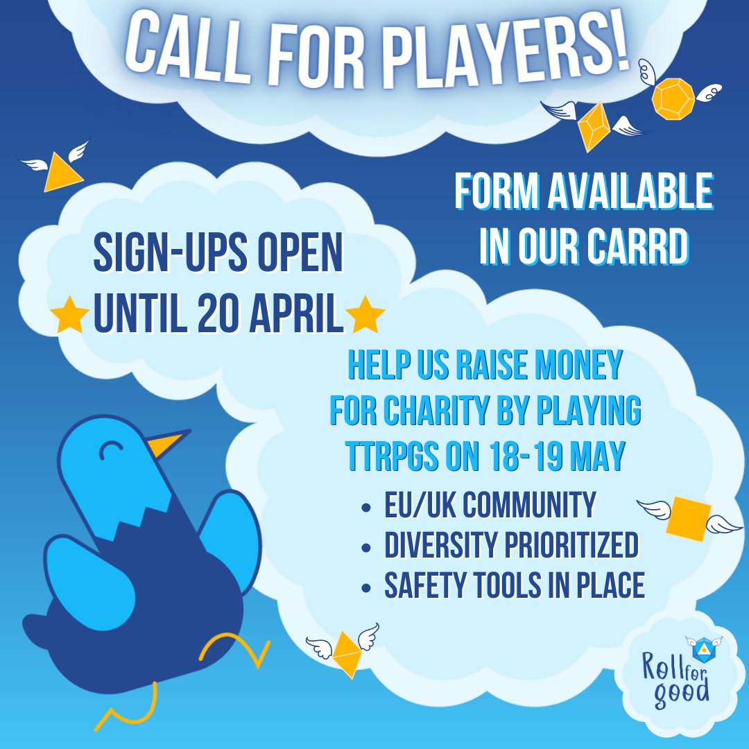 🌟CALL FOR PLAYERS🌟 Applications open for a few days! Apply to play during our TTRPG charity event to support Doctors Without Borders Prioritising BIMPOC/BAME, outside the US, LGBTQIA+, ND & disabled applicants. Dates, times & games in the form Apply ➡rollforgood.carrd.co