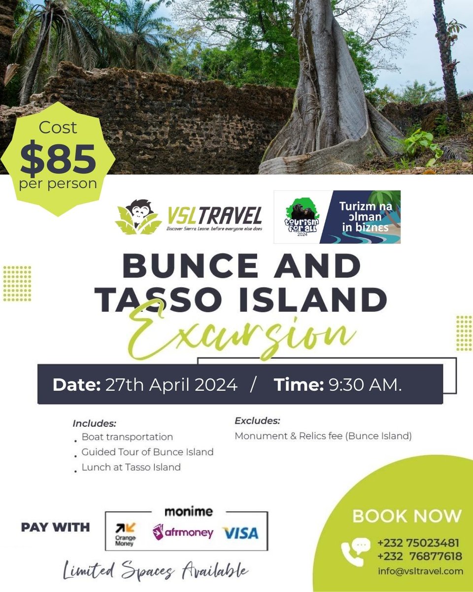 Join VSL for a trip to Bunce and Tasso Island on Independence Day at $85/person. Includes boat transfer, lunch at Tasso, guided tour of Bunce Island. Contact +232 75 023481 / +232 76 877618 or email info@vsltravel.com 
#salonetwitter #salonex #visitsierraleone #domestictourism