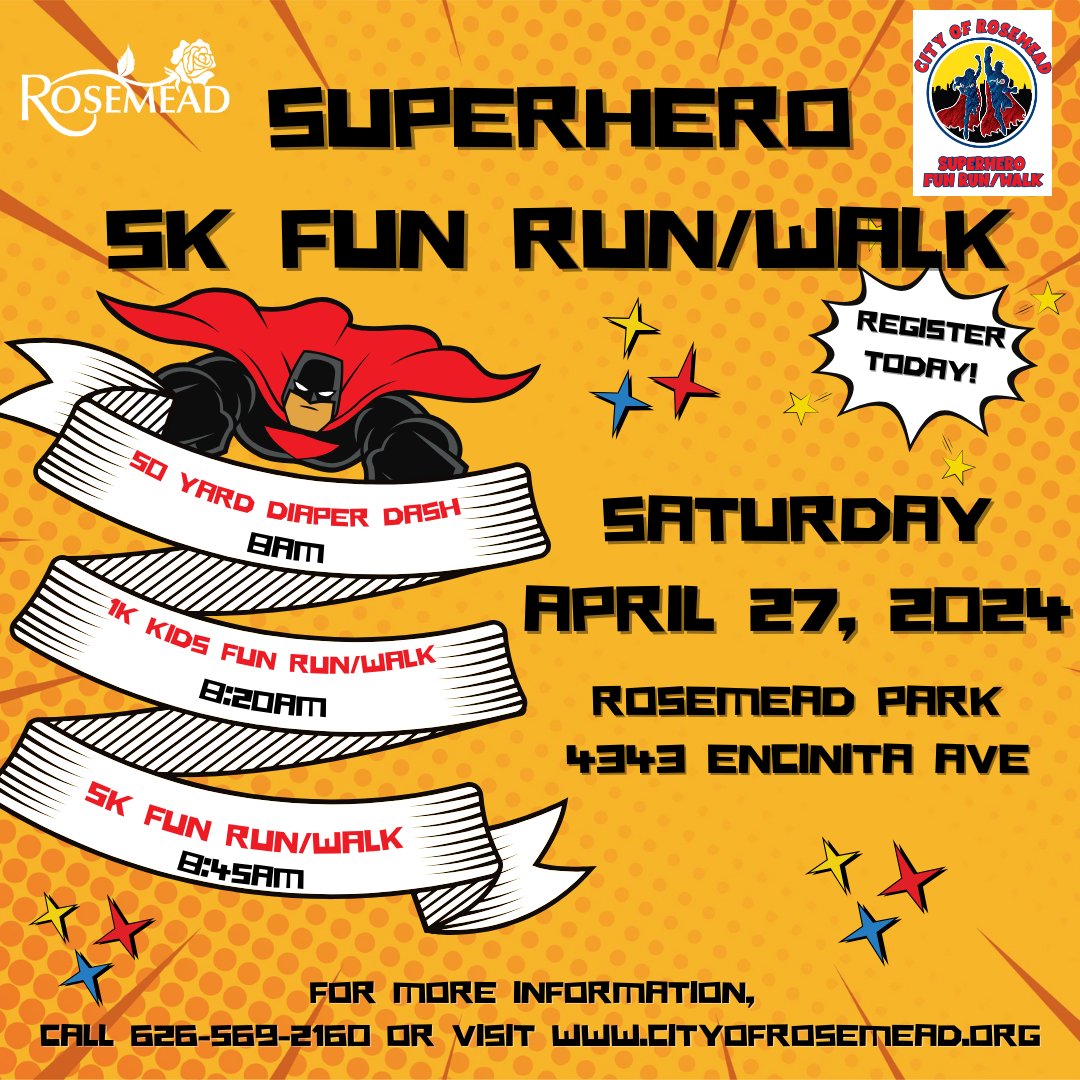 🦸‍♂️🦸‍♀️ Attention all superheroes! Put on your capes and masks because the ultimate adventure awaits at our NEW 5K Fun Run/Walk on April 27, 2024 at Rosemead Park! Sign up now at ow.ly/ksWy50RaArw or call (626) 569-2160. 💥💪 #Superhero5K #CityofRosemead #RosemeadPark