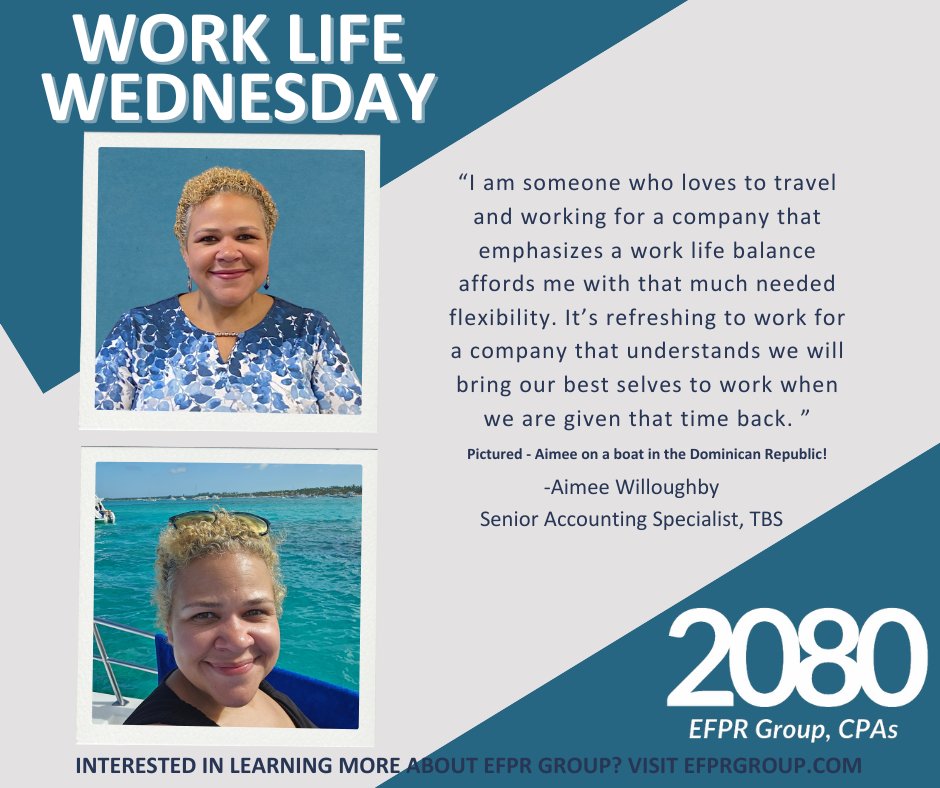 #WorkLifeWednesdays with Aimee Willoughby, Senior Accounting Specialist in our Tax and Business Services Department. To learn more about #EFPRteam contact us today! hubs.la/Q02tcKMJ0 #EFPR2080 #WorkLifeBalance